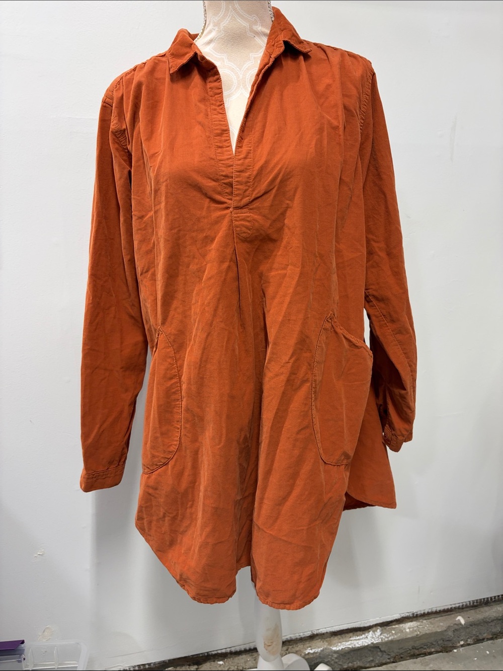 CP Shades Long-Sleeve Tunic Dress in Burnt Orange Pockets  Medium Corduroy 798-